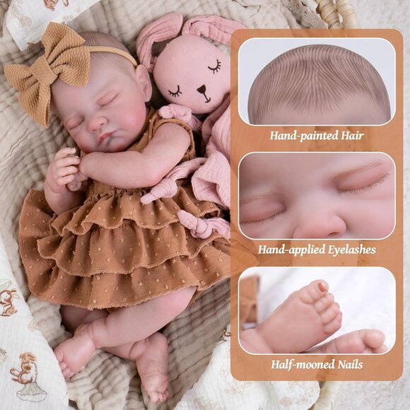 🆕20inch Soft Cloth Body Newborn Baby Poseable Limbs Coffee Doll Baby Girl - Picture 4 of 8